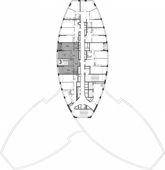Трёхкомнатная квартира 101.8 м²